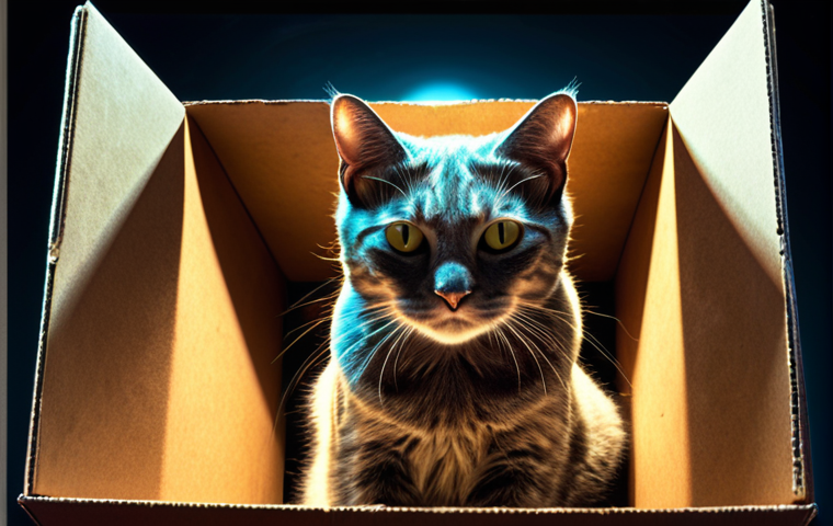 **
"Schrödinger's cat in a box, both alive and dead, quantum superposition concept, surreal, vibrant colors, complex details, dramatic lighting."
**