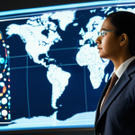 A diverse adult individual, fully clothed in modest, contemporary professional attire, stands thoughtfully before a dynamic holographic projection. The projection displays intricate, glowing DNA helices intertwined with an animated map illustrating ancient human migration routes across continents. The background is a clean, modern research institute lobby bathed in natural light. The subject's expression is contemplative, conveying a sense of connection to their deep ancestral past. perfect anatomy, correct proportions, well-formed hands, proper finger count, natural body proportions, natural pose, professional photography, high quality, safe for work, appropriate content, professional, family-friendly.