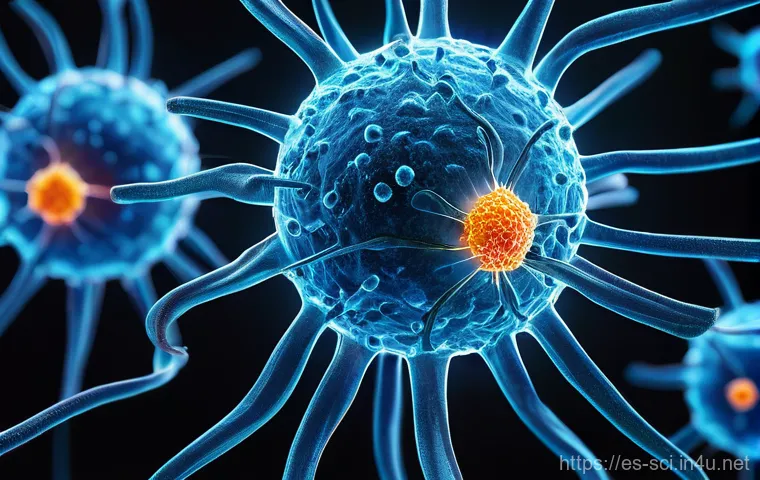 합성 생물학과 인공 세포 - **Prompt:** "A highly detailed microscopic view of genetically engineered T-cells, appearing as intr...