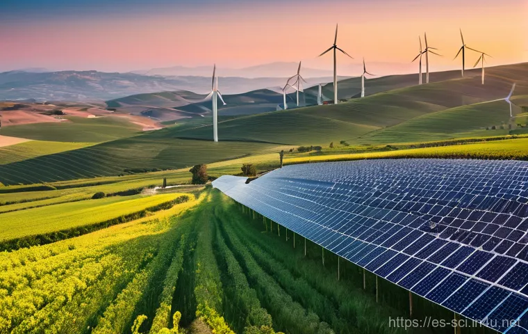 온실가스 감축 기술과 정책 - **Renewable Energy Landscape in Spain:** "A panoramic, photorealistic view of a vibrant Spanish coun...
