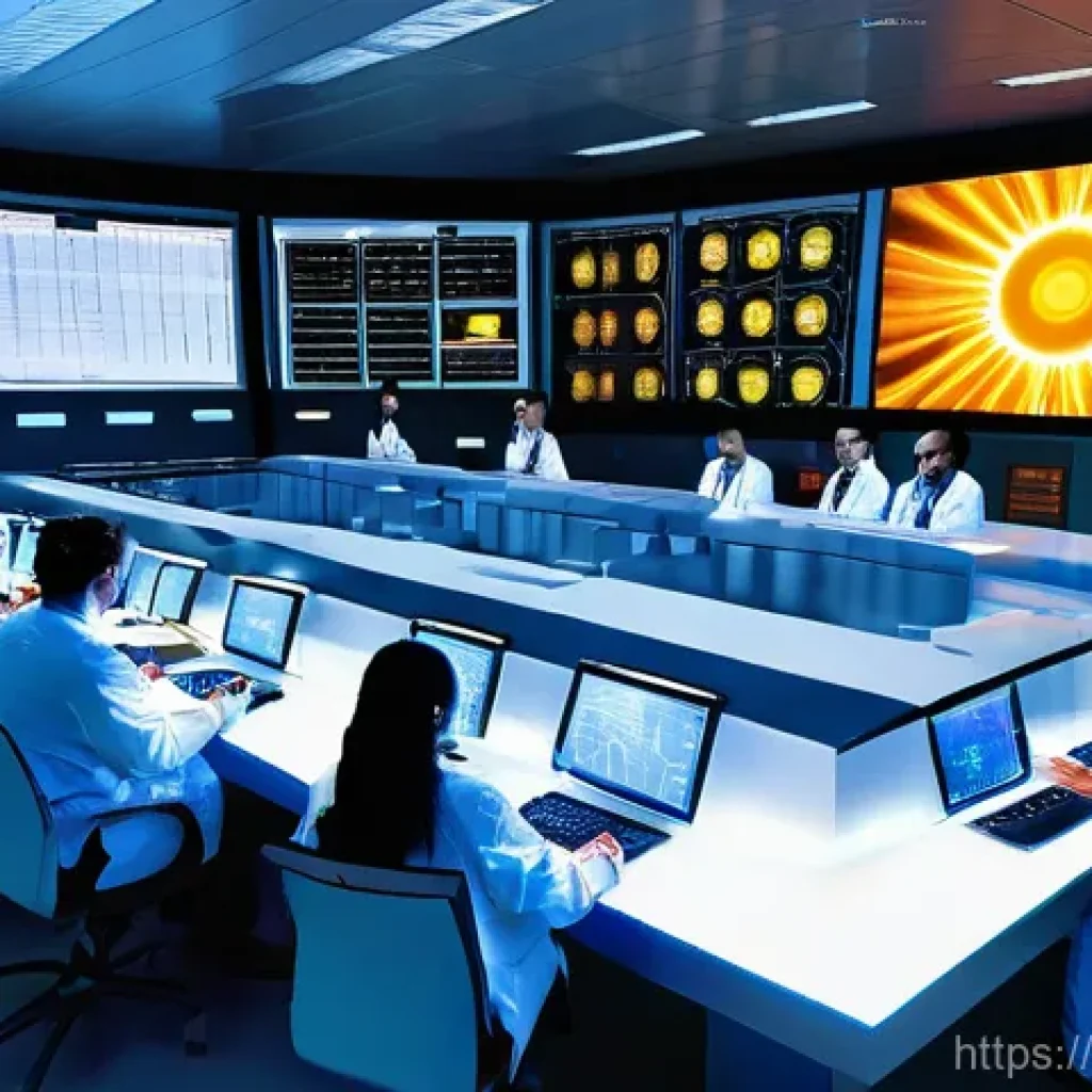 핵융합 반응로와 국제 공동 연구 - **Prompt 1: ITER - Global Collaboration and the Tokamak**
    A panoramic view of a massive, glowing...