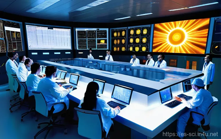 핵융합 반응로와 국제 공동 연구 - **Prompt 1: ITER - Global Collaboration and the Tokamak**
A panoramic view of a massive, glowing...