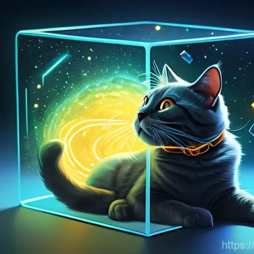 양자 역학의 기본 원리 - **Prompt:** A whimsical, stylized illustration depicting a curious and playful cat, wearing a small,...