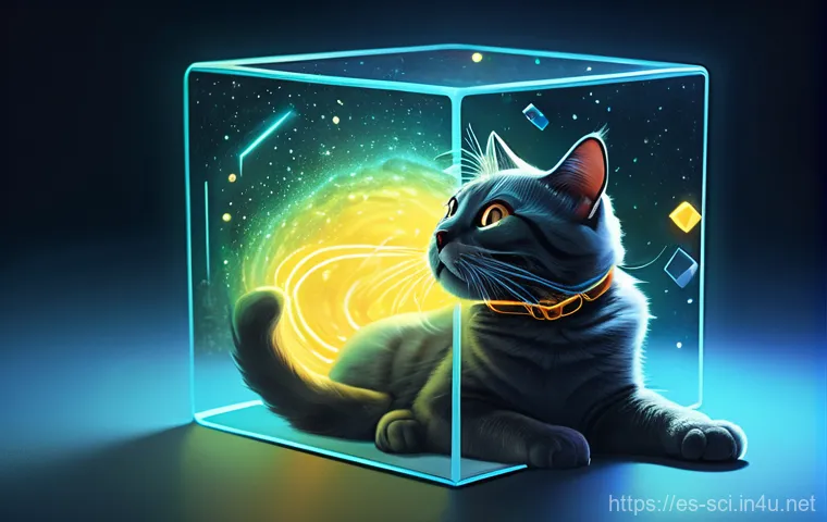 양자 역학의 기본 원리 - **Prompt:** A whimsical, stylized illustration depicting a curious and playful cat, wearing a small,...