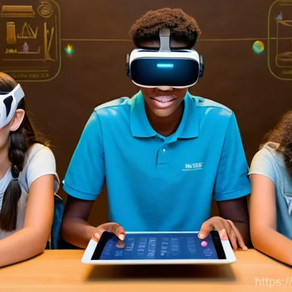 가상 현실과 증강 현실 기술 - **Immersive Learning Journey:** A diverse group of four teenagers, aged 15-16, are deeply engaged in...