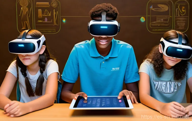 가상 현실과 증강 현실 기술 - **Immersive Learning Journey:** A diverse group of four teenagers, aged 15-16, are deeply engaged in...