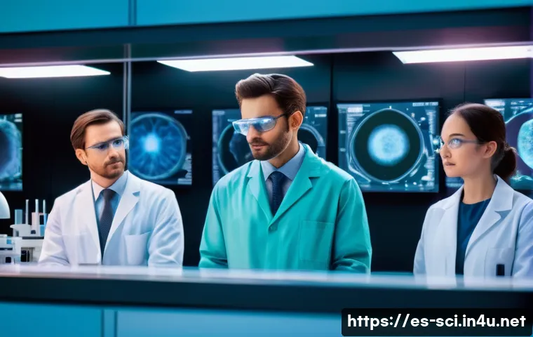 줄기세포 치료와 윤리적 문제 - **Prompt:** A vibrant, futuristic laboratory scene. In the foreground, a diverse team of dedicated s...
