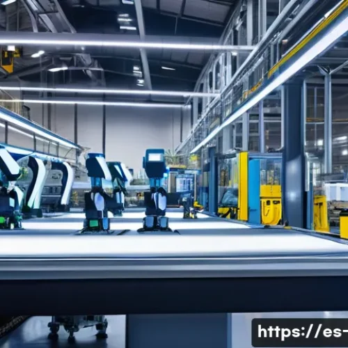 스마트 팩토리와 자동화 공정 - A highly advanced modern industrial factory floor featuring collaborative robots working alongside h...
