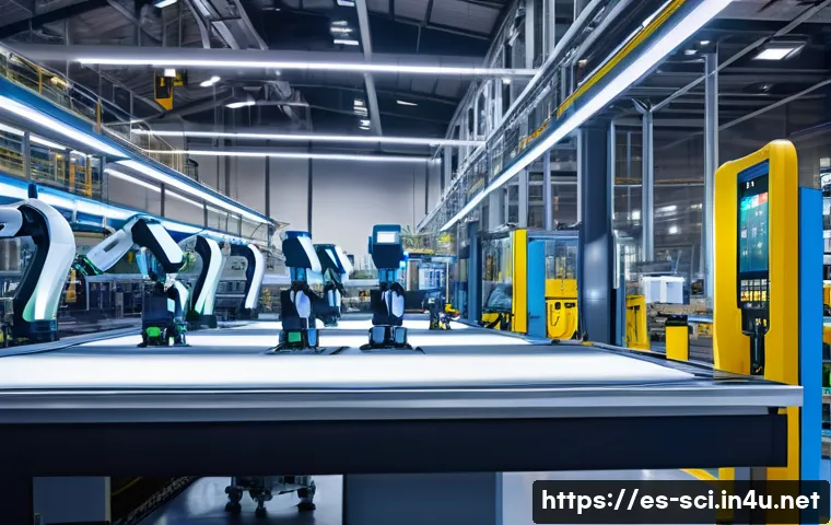 스마트 팩토리와 자동화 공정 - A highly advanced modern industrial factory floor featuring collaborative robots working alongside h...