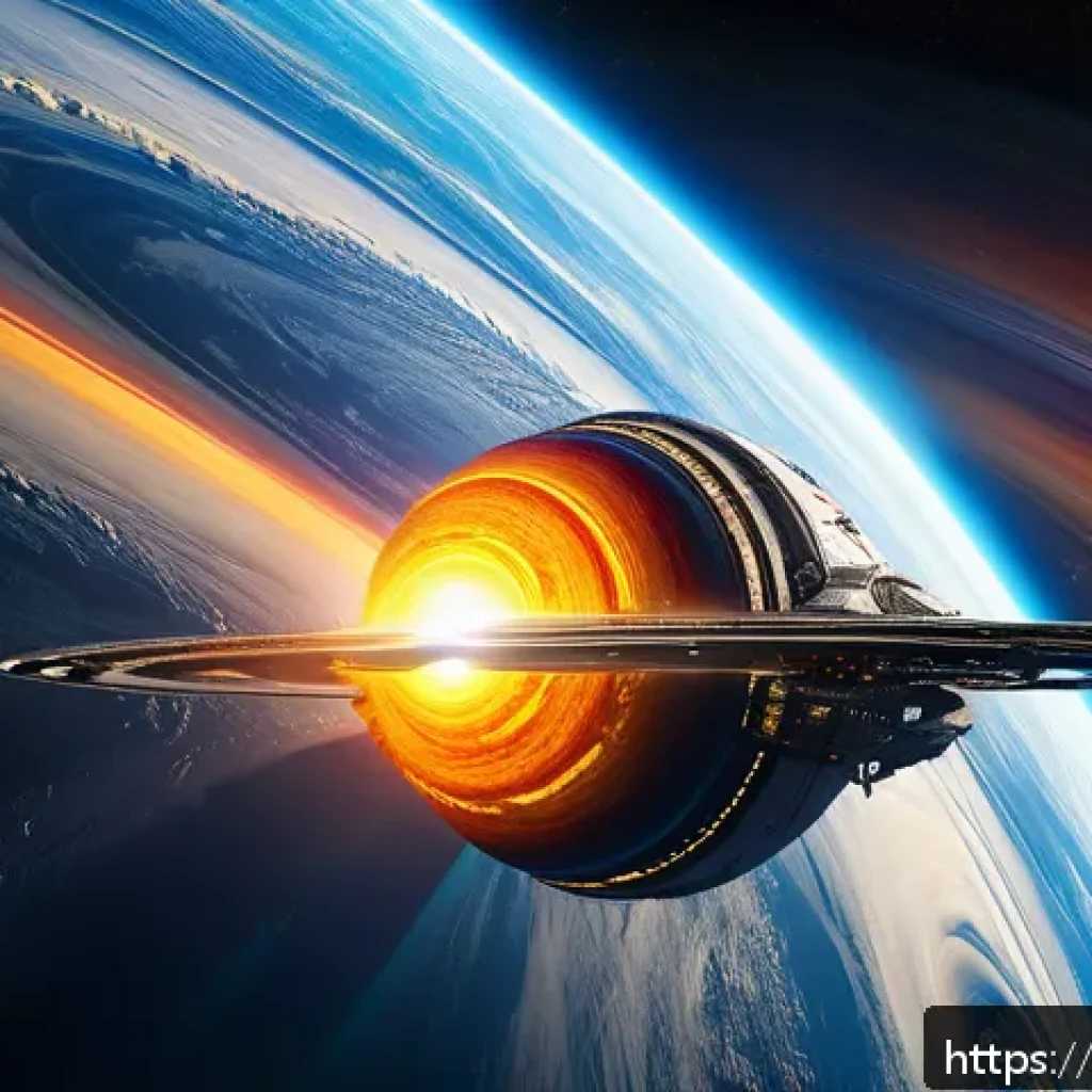 우주 탐사와 중력 어시스트 - A futuristic spacecraft performing a gravity assist maneuver around a vibrant gas giant planet with ...