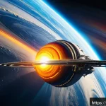 우주 탐사와 중력 어시스트 - A futuristic spacecraft performing a gravity assist maneuver around a vibrant gas giant planet with ...