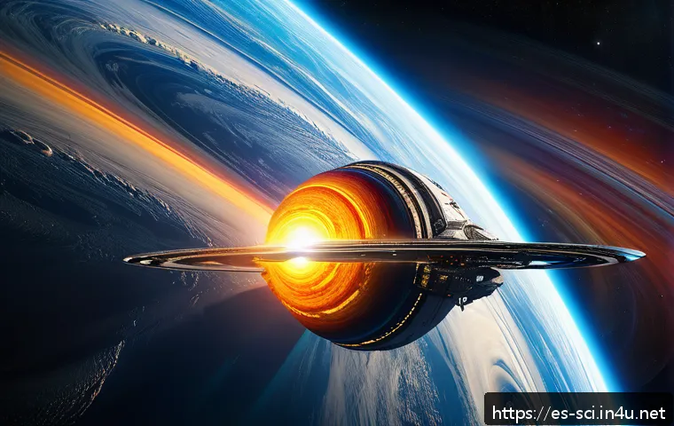 우주 탐사와 중력 어시스트 - A futuristic spacecraft performing a gravity assist maneuver around a vibrant gas giant planet with ...