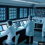 DNA 분석을 통한 고대 인류 연구 - A detailed scientific laboratory scene showcasing genetic researchers analyzing ancient human DNA sa...