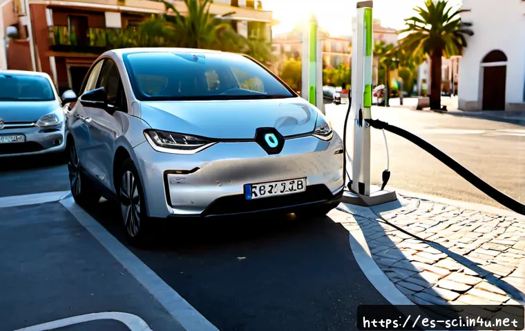 전기차 배터리와 충전 인프라 - Photorealistic wide-angle scene of a modern electric car charging at a public fast-charging station ...