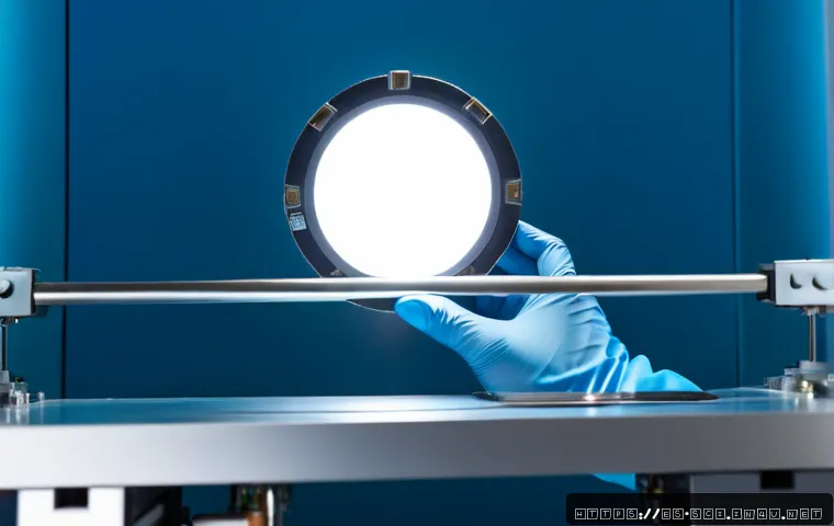 양자 터널링과 반도체 기술 - Photorealistic macro view inside a modern semiconductor fabrication cleanroom, a silicon wafer held ...
